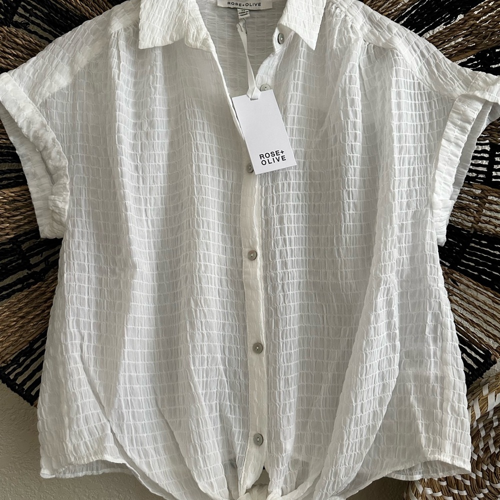Rose & Olive White Boxy Button Down Shirt with Tie Front